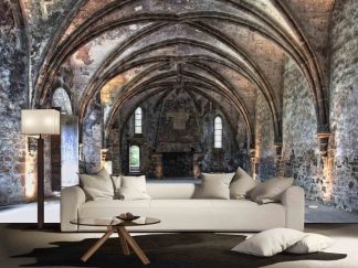 Cathedral Wallpaper, as seen on the wall of this living room, is a photo mural of a vaulted ceiling in Beauport Abbey's Duke Room from About Murals.