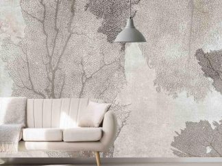 Coastal Wallpaper, as seen on the wall of this living room, is a mural of a beige sea fan with soft coral from About Murals.
