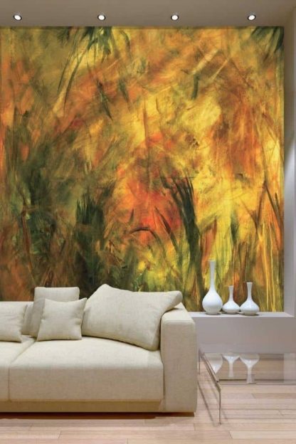 Fall Abstract Wallpaper, as seen on the wall of this living room, is a mural of an acrylic painting in red, yellow and green from About Murals.