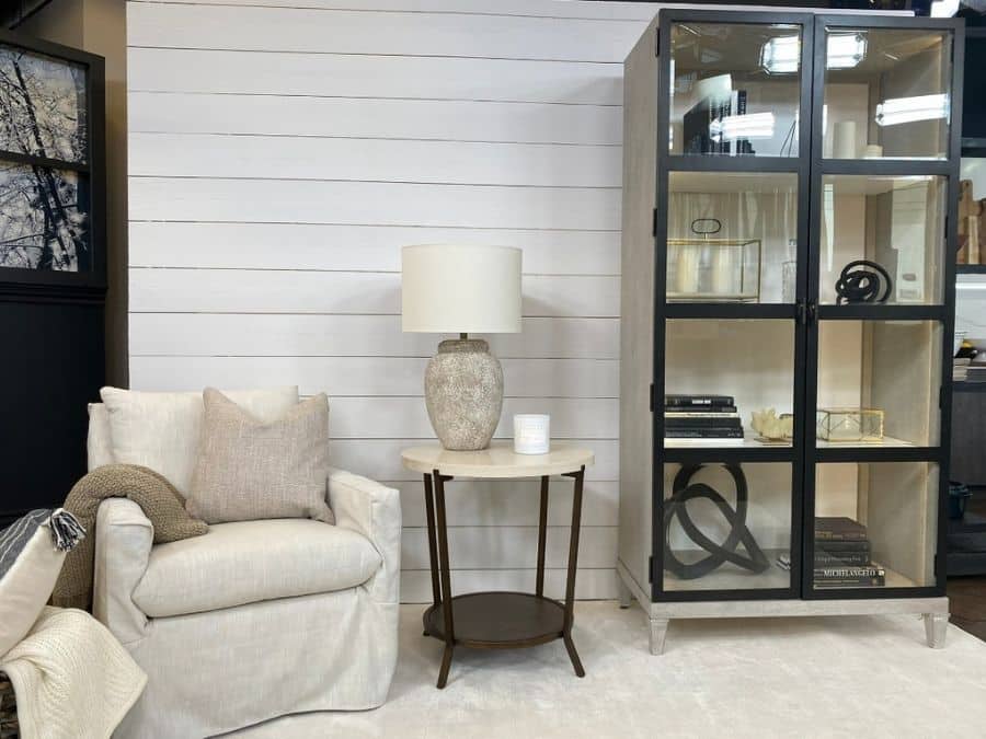 Get the look in this farmhouse living room, as seen on Cityline, by using white plank wallpaper from About Murals.