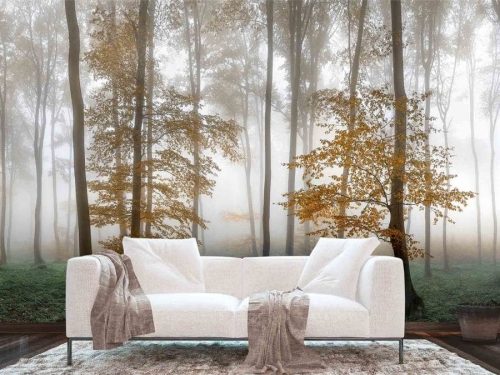 Foggy Autumn Wallpaper, as seen on the wall of this living room, is a photo mural of yellow trees in an autumn foggy forest, Balkan Mountains, Bulgaria from About Murals.