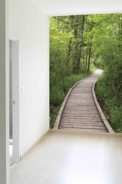 Forest Boardwalk Wallpaper, as seen on the wall of this hallway, is a photo mural of a wooden path under green trees in the woods from About Murals.