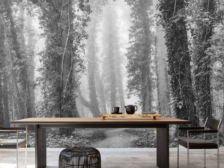 Gray Nature Wallpaper, as seen on the wall of this dining room, is a black and white photo mural of vine-covered trees in a foggy forest from About Murals.