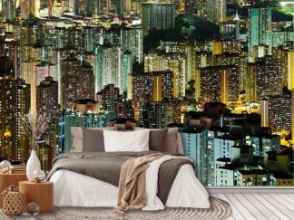 Hong Kong at Night Wallpaper, as seen on the wall of this bedroom, is a photo mural of apartment buildings and skyscrapers under a black night sky from About Murals.