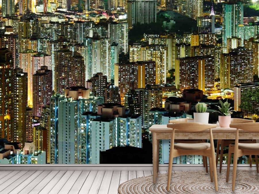 Hong Kong at Night Wallpaper, as seen on the wall of this kitchen, is a photo mural of apartment buildings and skyscrapers lit up under a black night sky in China from About Murals.