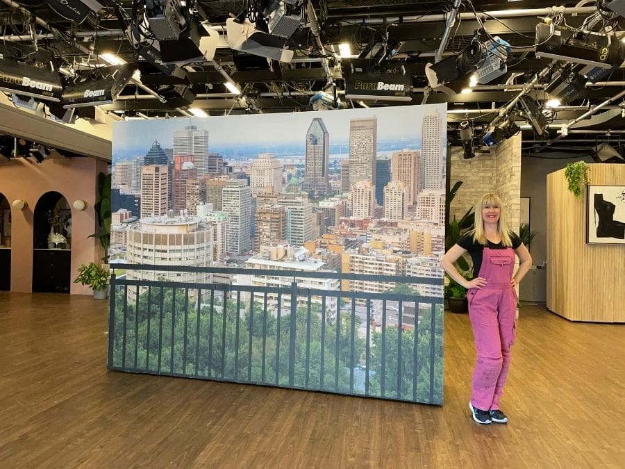 Montreal Wallpaper, as seen on Cityline, is a photo mural of a cityscape full of skyscrapers and buildings from About Murals.