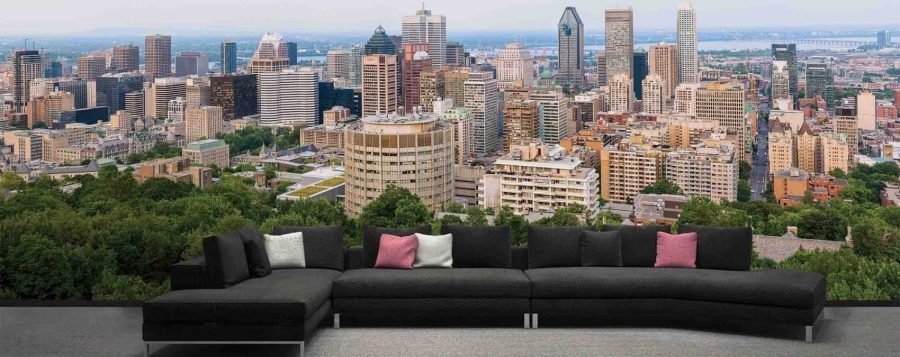 Montreal Wallpaper, as seen in this large, panoramic living room, is a photo wall mural of skyscrapers and high rise buildings in downtown Montreal, Quebec from About Murals.