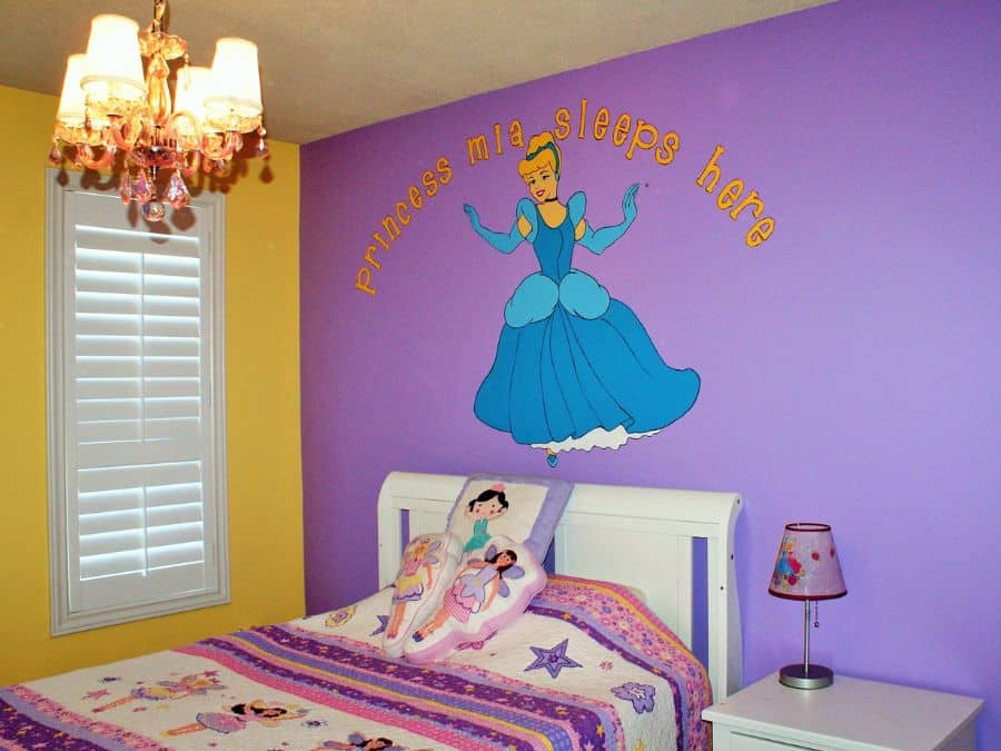 Painted murals, like the princess in this Cinderella bedroom in Mississauga, Ontario, created by muralist Adrienne Scanlan of About Murals.