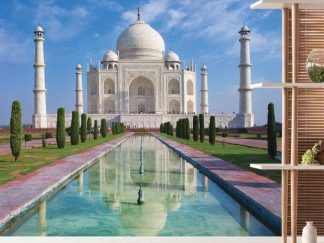 Taj Mahal Wallpaper, as seen on the wall of this yoga studio, is a photo mural of the white mausoleum reflected in water and surrounded by formal gardens from About Murals.