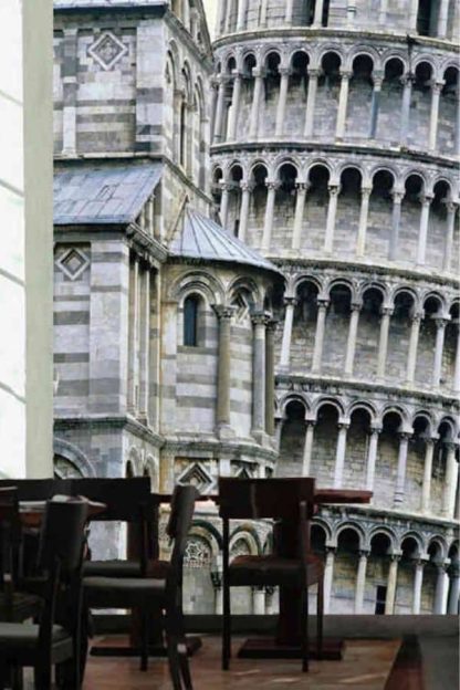 Tower of Pisa Wallpaper, as seen on the wall of this Italian restaurant, is a photo mural of the Leaning Tower of Pisa in front of the Pisa Cathedral from About Murals.
