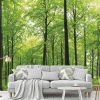 Woodland Forest Wallpaper, as seen on the wall of this living room, is a photo mural of a bright sky illuminating green trees in a forest field from About Murals.