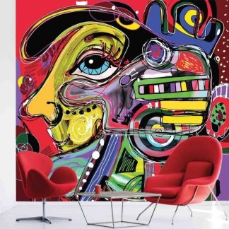 Abstract Face Wallpaper, as seen on the wall of this waiting room, is a modern mural of colourful contemporary art from About Murals.