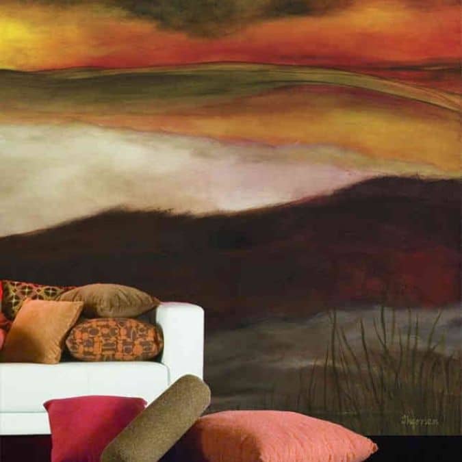 Abstract Sunset Wallpaper, as seen on the wall of this living room, is a wall mural of a sun setting in the sky from About Murals.