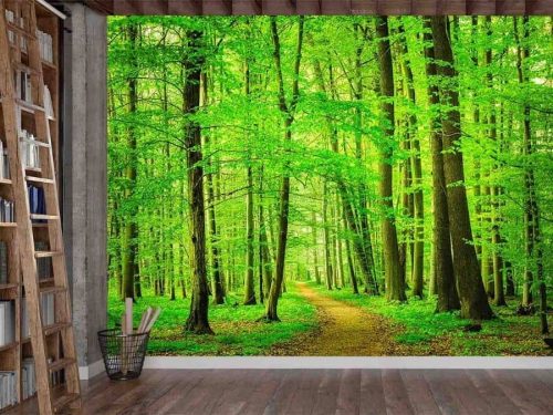 Beech Tree Wallpaper, as seen on the wall of this living room, is a photo mural of a path meandering under green leafy trees in a forest from About Murals.