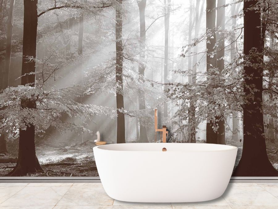 Brown Autumn Wallpaper, as seen on the wall of this bathroom, is a photo mural with rays of sunshine streaming through tall trees in a fall forest from About Murals.