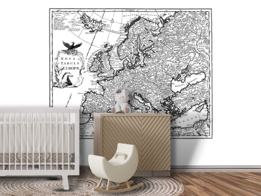 European Map Wallpaper, as seen on the wall of this nursery, is a black and white map mural of old Europe with city names written in Latin from About Murals.