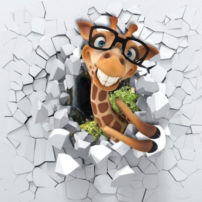 Funny Giraffe Wallpaper is an animal mural with a silly giraffe busting through a white wall from About Murals.