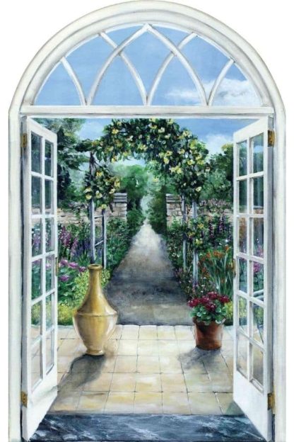 Garden Path Wallpaper is a wall mural with an open door to the garden from About Murals.