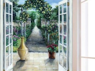 Garden Path Wallpaper, as seen on the wall of this room, is a mural with doors opening to a stone walkway leading to a floral arch, plants and flowers from About Murals.