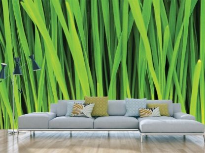 Grass Wallpaper, as seen on the wall of this living room, is a photo mural of tall blades of green grass from About Murals.