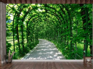 Green Arch Wallpaper, as seen on the wall of this room, is a photo mural of plants growing over a trellis tunnel in the Garden of the Linderhof Palace in Germany from About Murals.