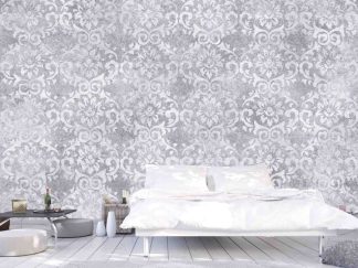 Lavender Damask Wallpaper, as seen on the wall of this bedroom, is a mural with an elegant flower design in a light purple from About Murals.