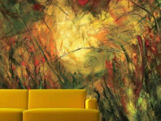 Mixed Media Wallpaper, as seen on the wall of this living room, is a mural of an abstract painting in red, yellow and green from About Murals.