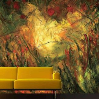 Mixed Media Wallpaper, as seen on the wall of this living room, is a mural of an abstract painting in red, yellow and green from About Murals.