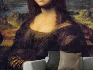 Mona Lisa Wallpaper, as seen on the wall of this living room, is a wall mural depicting the famous woman's face and her enigmatic expression from About Murals.