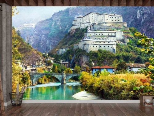 Northern Italy Wallpaper, as seen on the wall of this room, is a photo mural of an Italian fortress overlooking the Dora Baltea river in the alps from About Murals.