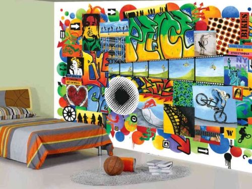 Peace Graffiti Wallpaper, as seen on the wall of this bedroom, is a kids mural with a collage of words like "Peace" and "Bikes" with iconic stars like Marilyn Monroe and Bob Marley from About Murals.