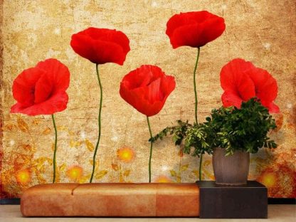 Poppy Flower Wallpaper, as seen on the wall of this living room, is a mural with five red flowers against a brown textured background from About Murals.