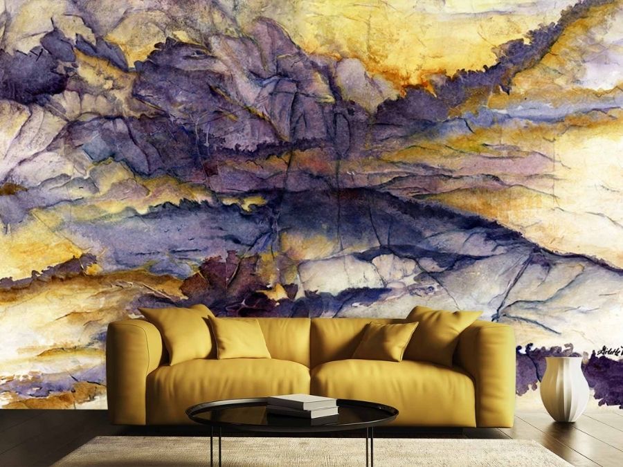 Purple Abstract Art Wallpaper, as seen on the wall of this living room, is a mural inspired by a yellow sunset over the ravine from About Murals.
