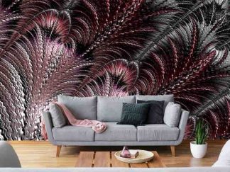 Purple Feather Wallpaper, as seen on the wall of this living room, is a modern mural with glossy, almost 3D, fractal feathers up close from About Murals.
