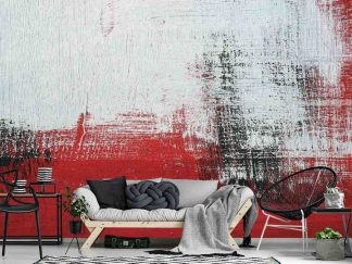 Red Abstract Wallpaper, as seen on the wall of this modern living room, is a wall mural with red, black and white brush strokes on canvas from About Murals.