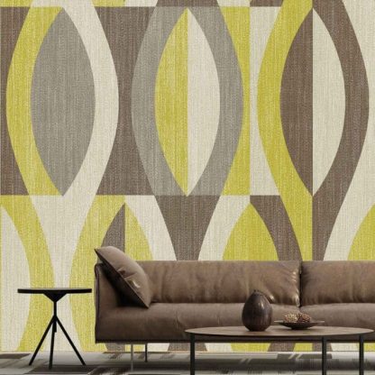 Retro Geometric Wallpaper, as seen on the wall of this living room, is a mural with a yellow, grey and beige leaf pattern from About Murals.
