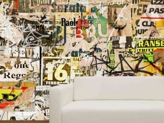 Retro Graffiti Wallpaper, as seen on the wall of this living room, is a mural with torn DJ, concert and music posters tagged with spray paint from About Murals.