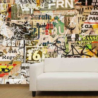 Retro Graffiti Wallpaper, as seen on the wall of this living room, is a mural with torn DJ, concert and music posters tagged with spray paint from About Murals.