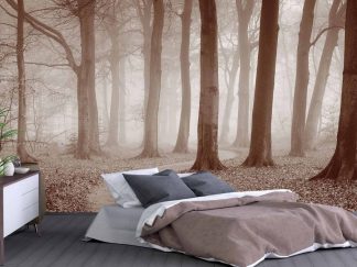 Sepia Forest Wallpaper, as seen on the wall of this bedroom, is a photo mural of a winding path in a brown autumn forest from About Murals.