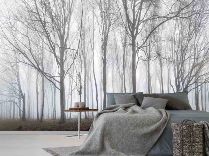 Tree Silhouette Wallpaper, as seen on the wall of this bedroom, is a photo mural of dark, leafless winter trees profiled against a misty background from About Murals.