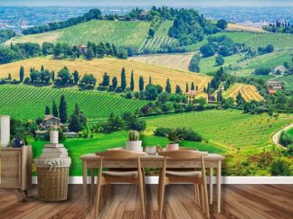 Tuscany Wallpaper, as seen on the wall of this kitchen dining room, is a photo mural of the beautiful Italian countryside in summer with rolling hills and Cypress trees from About Murals