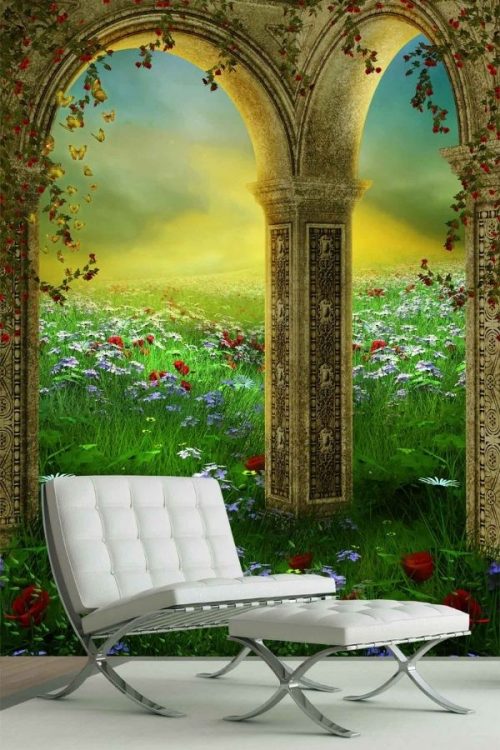 Vintage Garden Wallpaper, as seen on the wall of this living room, is a mural with ornate gold arches over a grass field of flowers from About Murals.