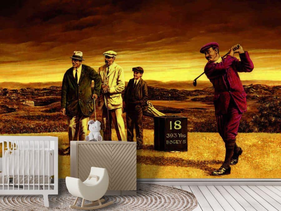 Vintage Golf Wallpaper, as seen on the wall of this nursery, is a wall mural of classic golfers on hole 1 of a golf course from About Murals.