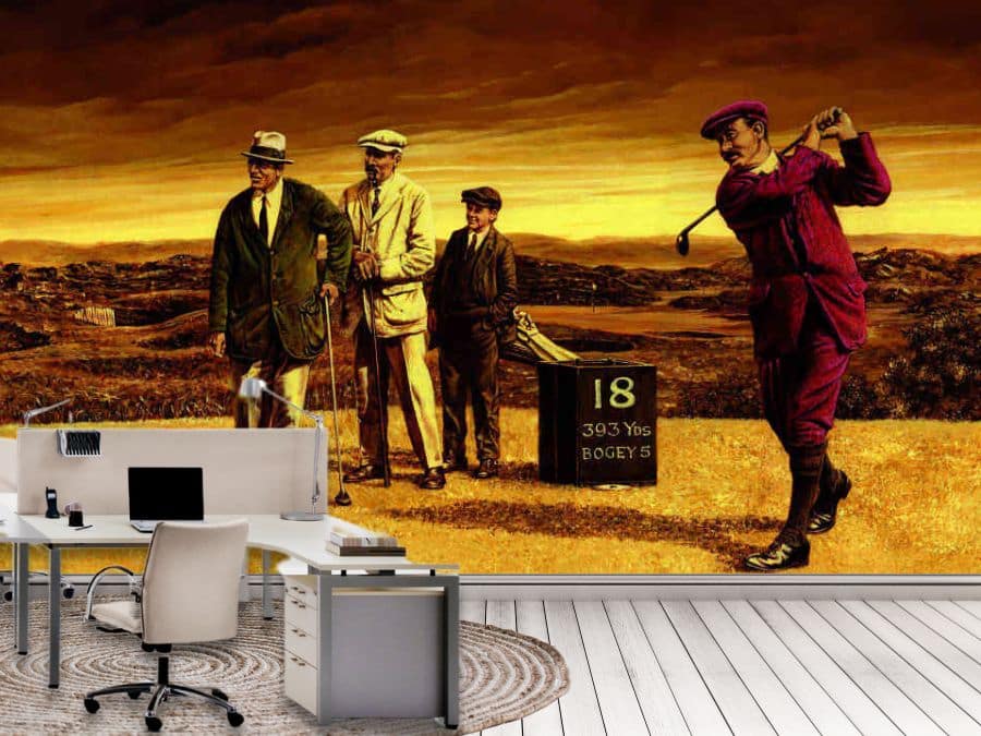 Vintage Golf Wallpaper, as seen on the wall of this office, is a wall mural created from an original painting of retro players carrying golf clubs on a golf course from About Murals.