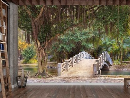 White Park Bridge Wallpaper, as seen on the wall of this living room, is a photo mural of a bridge in a park near Mua Cave in Ninh Binh, Vietnam from About Murals.