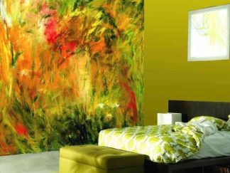 Yellow Red and Green Abstract Wallpaper, as seen on the wall of this bedroom, is a wall mural of an abstract painting from About Murals.