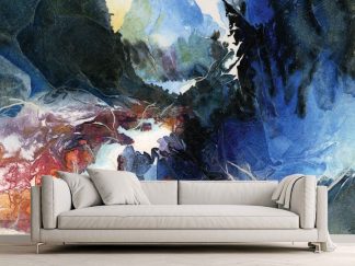 Abstract Art Wallpaper, as seen on the wall of this living room, is a wall mural of an orange and blue watercolor painting from About Murals.