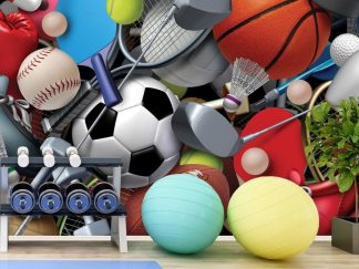 Ball Wallpaper, as seen on the wall of this gym, is a wall mural with a basketball, soccer ball, football, baseball, tennis ball, golf ball, volleyball, bowling ball and hockey puck from About Murals.