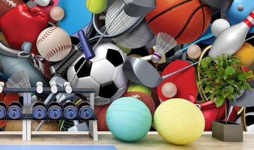 Ball Wallpaper, as seen on the wall of this gym, is a wall mural with a basketball, soccer ball, football, baseball, tennis ball, golf ball, volleyball, bowling ball and hockey puck from About Murals.