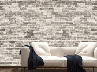 Beige Brick Wallpaper, as seen on the wall of this living room, is a high resolution photo mural of textured bricks from About Murals.